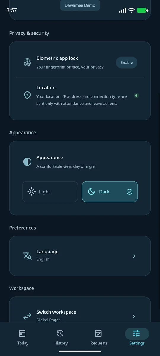 Settings: biometric app lock, a note that location is sent only with attendance actions, appearance and language.