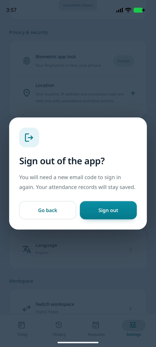 A confirmation dialog asking Sign out of the app? with Go back and Sign out.
